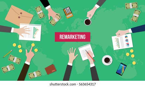 illustration of discussion about remarketing in a company with paperworks, money and document folder on top of table
