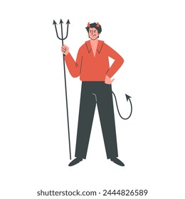 Illustration of a disgruntled man in the form of a devil wearing a red shirt, with horns, a tail and clutching a trident. The perfect look for a villain theme or Halloween. Isolated background.