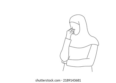 Illustration of disgusted arabian muslim woman in hijab looking aside covering nose with hand. One line art style
