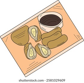 the Illustration of dish called pempek that originally from Palembang Indonesia.