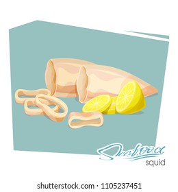 Illustration of a dish of squid with lemon. Squid rings cooked. Vector illustration