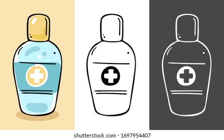 Illustration of a disinfectant gel bottle. Three color options.