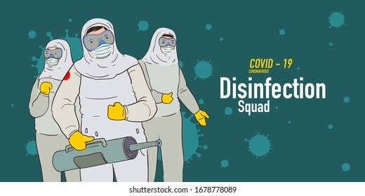 Illustration of disinfection team attack corona viruses, covid - 19
