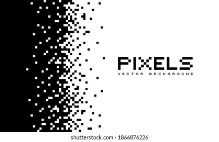 Illustration disintegrates or dissolves on the pixel pattern. Vector concept of technology. Place for text. Monochrome style. Isolated background.