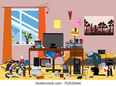 Illustration of a Disorganized Room Littered With Pieces of Trash. Chaotic room where young I.T. Guy, Bachelur or Student lives. Vector messy room