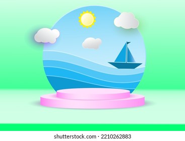 illustration display product pastel  wallpaper business art abstract . The circle The highlight is podium stand star square, circle pink green blue gray cloud sea sailboat