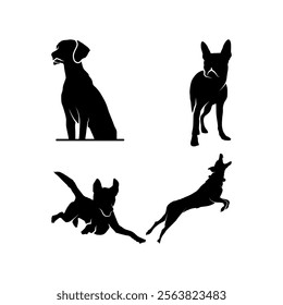 Illustration displaying the black silhouettes of four dogs in resting and motion poses, capturing elegant canine forms against a white background.