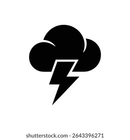 Illustration displaying a cloud shape emitting a lightning bolt, both depicted in solid black silhouettes against a clean white background. Weather icon symbolizing storms.