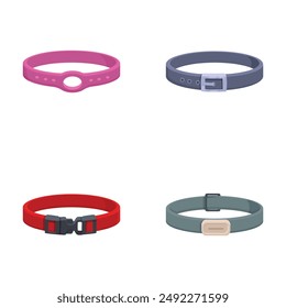 Illustration displaying four different styles and colors of dog collars, isolated on a white background