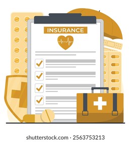 Illustration displaying a health insurance policy, first aid kit, and medical elements, emphasizing healthcare coverage and financial security