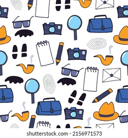 Illustration displaying a set of detective icons including a bag, camera, fingerprint, footprint, envelope, hat, magnifier, paper, and pen. These icons represent detective tools and elements