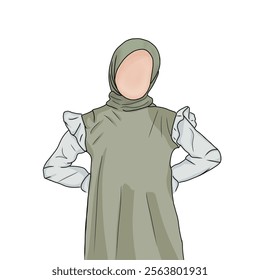 Illustration displaying a simplistic portrayal of a woman wearing a loose modest dress with a hijab. The soft tones and minimalism emphasize calmness, tradition, and personal modesty within a cultural