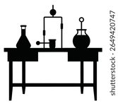 Illustration displaying various chemistry flasks and equipment resting atop a lab workbench, rendered entirely in solid black against a transparent background, ideal for diverse projects.