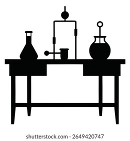 Illustration displaying various chemistry flasks and equipment resting atop a lab workbench, rendered entirely in solid black against a transparent background, ideal for diverse projects.