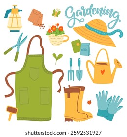Illustration displaying various gardening tools and accessories, including watering can, gloves, and flowers. Delicate visual accents enhance the theme of growing plants and gardening activities.