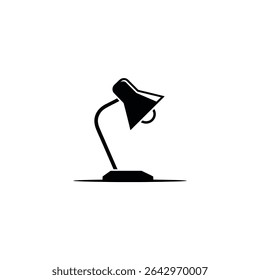Illustration displays a solid black silhouette of a desk lamp. It features a trapezoidal shade, a flexible arm, and a stable base, perfect for workspace lighting concepts.
