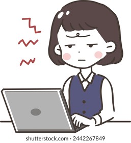 Illustration of a displeased working woman using a computer