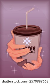 Illustration of a disposable coffee cup with a straw, held by two hands. Stylized drawing with a retro or vintage feel, isolated on a purple background with sparkles