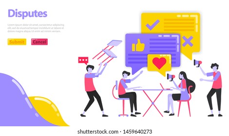 Illustration of a dispute. People are discussing and disputing in expressing their opinion. Man throws a chair during a meeting and has a discussion. Flat vector concept for Landing page, website, app