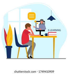 Illustration of distance learning. A boy learns lessons at home on the computer