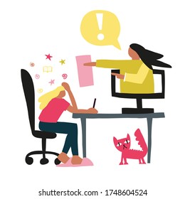 Illustration of distance learning. The girl is engaged online. Cat/