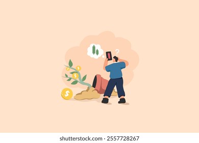 An illustration of a distressed businessman beside a fallen dollar tree with a broken pot and a declining red graph,  Investment failure and financial loss. The style emphasizes struggle and impact.