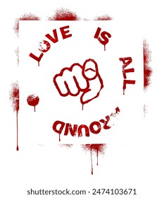 Illustration of a distressed red grunge stencil with the words love is all around and the word you being replaced with the hand-sign for you