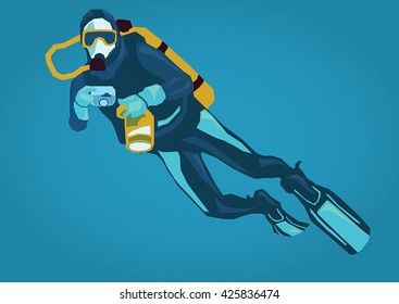 Illustration of a diver, simple art for web and print design appealing for tourism theme 