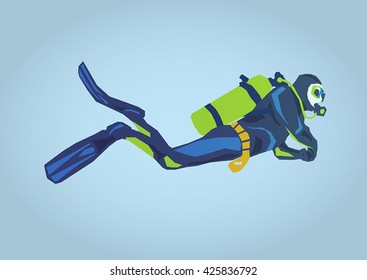 Illustration of a diver, simple art for web and print design appealing for tourism theme 