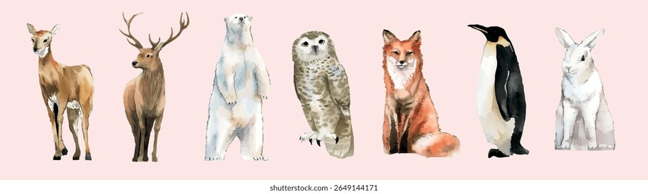 Ilustração de diversos animais: veado, urso, coruja, raposa, pinguim, coelho. Estilo aquarela, com veado, urso, coruja, raposa, pinguim, coelho em uma fileira. Ilustrações de animais, conjunto de vetores isolados.