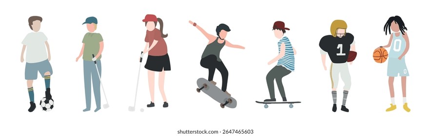 Illustration of diverse athletes: soccer player, golfer, skateboarder, football player, and basketball player. Sports diversity and athletic activities. Element vector set.