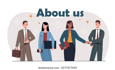 Illustration of diverse business professionals in formal attire, shaking hands and holding documents. Neutral background with decorative elements. Concept of teamwork. Vector illustration