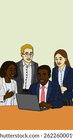 Illustration of a diverse business team collaborating around a laptop. Perfect for themes of teamwork, office meetings, project planning, and professional collaboration in a modern workplace.
