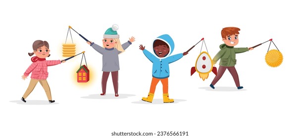 Illustration of  diverse children walking for Saint Martin day with lantern
