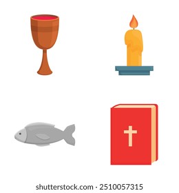 Illustration of a diverse collection of religious symbols, including chalice, candle, fish, and bible, in a vector format, representing elements of christianity, faith, and worship