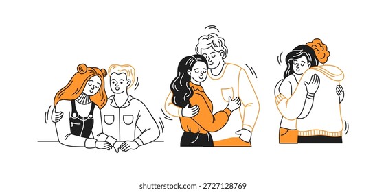 Illustration of diverse couples hugging with affection. Black, white, and orange tones. Represents love, support, and connection in modern style.