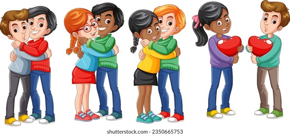 Illustration of diverse couples hugging affectionately in a vector cartoon style