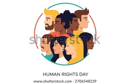 Illustration of diverse faces in a circle for Human Rights Day, promoting equality and inclusion.
