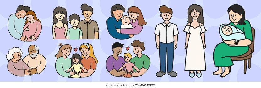 Illustration of diverse families: parents with children, grandparents, and babies. Features various family groups and family moments in a colorful style. Character element vector set.