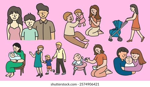 Illustration of diverse families: parents with children, parents playing, parents walking with strollers. Happy families, diverse families, family activities. Character element vector set.