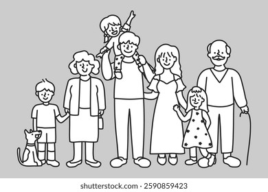 Illustration of a diverse family: parents, children, grandparents, and a dog. Family togetherness, family bonding, and family unity depicted in line art. Vector illustration.