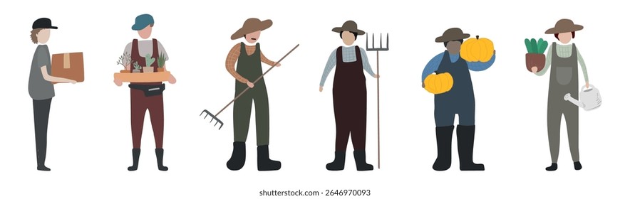 Illustration of diverse farmers with tools and produce. Farmers with hats, tools, and vegetables. Diverse group of farmers with hats and produce. Element vector set.