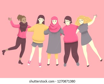 Illustration of Diverse Girls from Different Background Standing Together