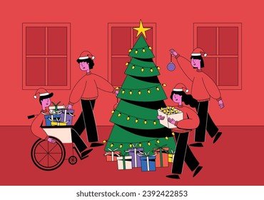 Illustration of a diverse group celebrating Christmas in a house with Christmas tree and christmas gifts 