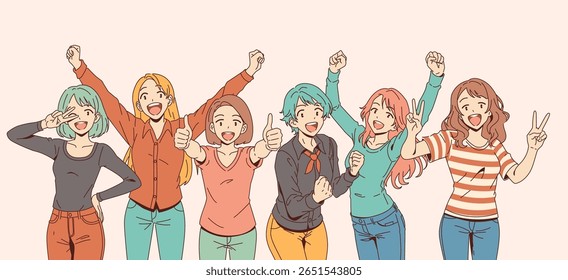 Ilustração de um grupo diverso de amigos alegres comemorando alegremente. Os personagens mostram entusiasmo e positividade. O fundo simples enfatiza suas expressões.