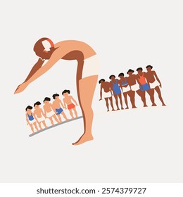 Illustration of a diverse group of children in swimwear. Kids lined up, preparing to dive. Swimming activity, diverse children, swimwear, diving, group of kids. Vintage art, isolated vector element.