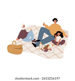 Ilustração de um grupo diverso desfrutando de um piquenique. Uma mulher com um hijab, um homem e uma criança sentam-se em um cobertor quadriculado. Uma cesta de piquenique com comida está ao lado deles. Ilustração de vetor plano.