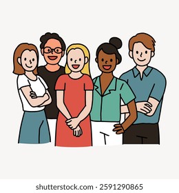 Illustration of a diverse group of five smiling people, featuring different genders and ethnicities, standing together in casual attire, expressing unity and friendship. Vector illustration.