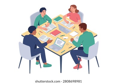 Illustration of a diverse group of four students sitting around a table, collaborating on a study project with open books, laptops, and stationery.