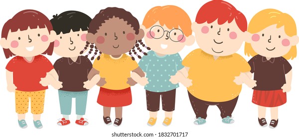 Illustration of a Diverse Group of Kids with Arms Crossed Together. Unity Concept